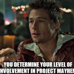 When grandma asks why she never sees my kids. | YOU DETERMINE YOUR LEVEL OF INVOLVEMENT IN PROJECT MAYHEM. | image tagged in fight club | made w/ Imgflip meme maker