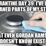 Quarantine | QUARANTINE DAY 39: I'VE JUST 
CLEANED PARTS OF MY STOVE; THAT EVEN GORDAN RAMSAY 
DOESN'T KNOW EXIST. Memes by Madelyn | image tagged in stove | made w/ Imgflip meme maker