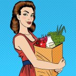 Woman grocery shopping cartoon