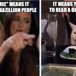 Ignorance is Deadly | IT MEANS YOU NEED TO READ A DICTIONARY; "PANDEMIC" MEANS IT WILL KILL A BAZILLION PEOPLE | image tagged in lady yelling at cat,pandemic,covid-19,coronavirus,memes,2020 | made w/ Imgflip meme maker