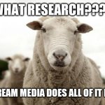 Sheep | WHAT RESEARCH???? MAINSTREAM MEDIA DOES ALL OF IT FOR ME!!! | image tagged in sheep | made w/ Imgflip meme maker
