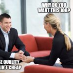 JOb interview | WHY DO YOU WANT THIS JOB? BECAUSE QUALITY HENTAI AIN'T CHEAP | image tagged in job interview | made w/ Imgflip meme maker
