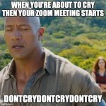 Jumanji Don't Cry | WHEN YOU'RE ABOUT TO CRY THEN YOUR ZOOM MEETING STARTS; DONTCRYDONTCRYDONTCRY | image tagged in jumanji don't cry | made w/ Imgflip meme maker