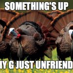 turkey | SOMETHING'S UP; TOMMY G JUST UNFRIENDED US | image tagged in turkey | made w/ Imgflip meme maker