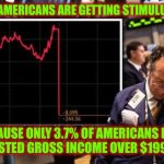 The Trump Economy Stock Market | 96.3% OF AMERICANS ARE GETTING STIMULUS CHECKS; BECAUSE ONLY 3.7% OF AMERICANS HAVE AN ADJUSTED GROSS INCOME OVER $199,999.00 | image tagged in the trump economy stock market | made w/ Imgflip meme maker