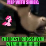 MLP AND SHREK! | MLP WITH SHREK:; THE! BEST! CROSSOVER! EVER!!!!!!!!!!!!!!!!!!!! | image tagged in mlp and shrek | made w/ Imgflip meme maker