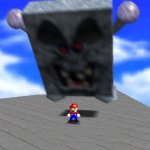 Whomp King smashing Mario meme