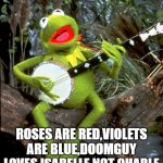 Kermit guitar  | HEY KIDS,WHO WANTS TO HEAR A SONG; ROSES ARE RED,VIOLETS ARE BLUE,DOOMGUY LOVES ISABELLE NOT CHARLE | image tagged in kermit guitar | made w/ Imgflip meme maker