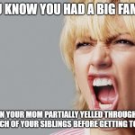 Tri-Jak-Rob-Michael! | YOU KNOW YOU HAD A BIG FAMILY; WHEN YOUR MOM PARTIALLY YELLED THROUGH THE NAMES OF EACH OF YOUR SIBLINGS BEFORE GETTING TO YOUR NAME | image tagged in angry woman yelling | made w/ Imgflip meme maker