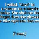 Blue Background 42 | I yelled, "Cow!" to a woman on a bicycle today. She shot me the finger, then she plowed her bike right into that cow. (I tried.) | image tagged in blue background 42 | made w/ Imgflip meme maker