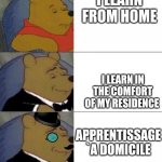 Winnie the pooh Extended | I LEARN FROM HOME; I LEARN IN THE COMFORT OF MY RESIDENCE; APPRENTISSAGE `A DOMICILE | image tagged in winnie the pooh extended | made w/ Imgflip meme maker
