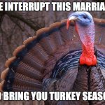pic of turkey | WE INTERRUPT THIS MARRIAGE; TO BRING YOU TURKEY SEASON | image tagged in pic of turkey | made w/ Imgflip meme maker