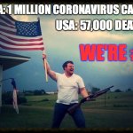 USA - Number One in Coronavirus! | USA: 1 MILLION CORONAVIRUS CASES; USA: 57,000 DEATHS; WE'RE #1; CCPINLA | image tagged in merica,coronavirus,covid-19,covid19,we are number one | made w/ Imgflip meme maker