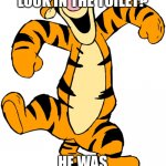 Tigger | WHY DID TIGGER LOOK IN THE TOILET? HE WAS LOOKING FOR POOH | image tagged in tigger | made w/ Imgflip meme maker