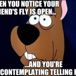 Scooby-Doo | WHEN YOU NOTICE YOUR FRIEND'S FLY IS OPEN... ...AND YOU'RE CONTEMPLATING TELLING HIM | image tagged in scooby-doo,silly,fun,meme | made w/ Imgflip meme maker