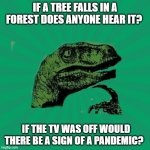 TrexWW3 | IF A TREE FALLS IN A FOREST DOES ANYONE HEAR IT? IF THE TV WAS OFF WOULD THERE BE A SIGN OF A PANDEMIC? | image tagged in trexww3 | made w/ Imgflip meme maker