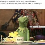 Annoyed Kermit | When you expect to have long hair at the end of the quarantine, but your dad decides to shave you:; you cannot escape | image tagged in annoyed kermit | made w/ Imgflip meme maker