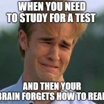 it do be tru tho | WHEN YOU NEED TO STUDY FOR A TEST AND THEN YOUR BRAIN FORGETS HOW TO READ | image tagged in memes,1990s first world problems | made w/ Imgflip meme maker