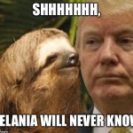 Political advice sloth | SHHHHHHH, MELANIA WILL NEVER KNOW. | image tagged in political advice sloth | made w/ Imgflip meme maker