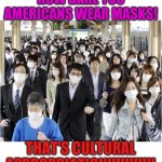 Get your own Culture! | HOW DARE YOU AMERICANS WEAR MASKS! THAT'S CULTURAL APPROPRIATION!!!!!!!!!!! | image tagged in tokyo | made w/ Imgflip meme maker