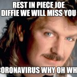 Joe Diffie | REST IN PIECE JOE DIFFIE WE WILL MISS YOU; CORONAVIRUS WHY OH WHY | image tagged in joe diffie | made w/ Imgflip meme maker
