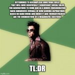 If it Feels Like it's All Talk There Is A Reason | DETERMINED TO ACCOMPLISH SOMETHING GREAT
 THAT WILL HAVE BENEFICIALLY SIGNIFICANT SOCIAL VALUE
 FOR GENERATIONS TO COME AND AS A BONUS CONSI | image tagged in memes,helpful tyler durden,poor concentration of effort | made w/ Imgflip meme maker