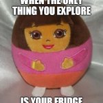 round dora | WHEN THE ONLY THING YOU EXPLORE; IS YOUR FRIDGE | image tagged in round dora | made w/ Imgflip meme maker