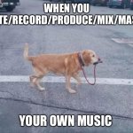 dog walking himself | WHEN YOU WRITE/RECORD/PRODUCE/MIX/MASTER; YOUR OWN MUSIC | image tagged in dog walking himself | made w/ Imgflip meme maker