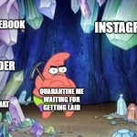 Worldwide miners | INSTAGRAM; FACEBOOK; TINDER; BUMBLE; QUARANTINE ME
WAITING FOR
GETTING LAID; SNAPCHAT; TIK
TOK | image tagged in patrick without ideas,quarantine,covid-19,getting laid,social media,tinder | made w/ Imgflip meme maker
