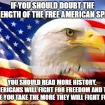 The fight is beginning over freedom. | IF YOU SHOULD DOUBT THE STRENGTH OF THE FREE AMERICAN SPIRIT; YOU SHOULD READ MORE HISTORY.  AMERICANS WILL FIGHT FOR FREEDOM AND THE MORE YOU TAKE THE MORE THEY WILL FIGHT FOR IT. | image tagged in american flag | made w/ Imgflip meme maker