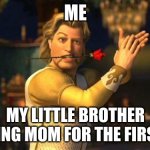 When your brother Roasts your mom :0 | ME; MY LITTLE BROTHER ROASTING MOM FOR THE FIRST TIME | image tagged in prince charming,brother,roasted,mom | made w/ Imgflip meme maker