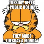 Garfield | TUESDAY AFTER A PUBLIC HOLIDAY; THEY MADE TUESDAY A MONDAY | image tagged in garfield,i hate mondays | made w/ Imgflip meme maker