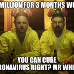 Breaking COVID-19 | $3MILLION FOR 3 MONTHS WORK; YOU CAN CURE CORONAVIRUS RIGHT? MR WHITE? | image tagged in breaking bad,coronavirus,corona virus,cure,vaccine | made w/ Imgflip meme maker