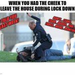 And you get a syllable beating. | WHEN YOU HAD THE CHEEK TO LEAVE THE HOUSE DURING LOCK DOWN; I TOLD YOU LAST WEEK! DON'T.... LEAVE... YOUR... HOUSE... FOR... THREE... MORE... MONTHS! | image tagged in cop beating,nixieknox,lockdown,memes,covid-19,don't get caught slippin | made w/ Imgflip meme maker