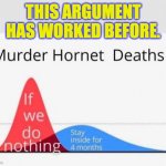 We. Simply. MUST. Do. Something. | THIS ARGUMENT HAS WORKED BEFORE. | image tagged in murder hornet deaths,argument | made w/ Imgflip meme maker