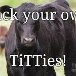 Angry Cow | Suck your own; TiTTies! | image tagged in angry cow,cow | made w/ Imgflip meme maker