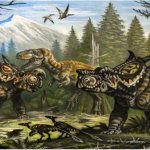 Two dinos fighting with the other one hanging back