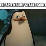 It doesn't need any title, it's pretty self explanatory on it's own... | WHEN THE SPEED BUMP STARTS SCREAMING | image tagged in confused private penguin,fun,meme,screaming,driving | made w/ Imgflip meme maker