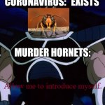 Murder Hornets: "Allow Me to Introduce Myself." | CORONAVIRUS: *EXISTS*; MURDER HORNETS: | image tagged in allow me to introduce myself turles,allow me to introduce myself,coronavirus,covid-19,murder hornet,china | made w/ Imgflip meme maker