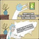 Rick Knowledge | THERE'S A CURE FOR EVERYTHING ESPECIALLY THE CORONA VIRUS; ITS CALLED "REVERSE EFFECTS" DUMBASSES | image tagged in rick ripping fourth wall | made w/ Imgflip meme maker