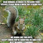 Squirrel | DEAR HUMANS, IN ORDER TO PRESERVE YOUR SPECIES, PLEASE WEAR A MASK, NOT A BLIND FOLD. WE KINDA LIKE YOU GUYS, EXCEPT WHEN YOU'RE SHOOTING US AND STUFF.
BEST REGARDS: A SQUIRREL | image tagged in squirrel | made w/ Imgflip meme maker