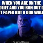 Im sorry little one | WHEN YOU ARE ON THE TOLIET AND YOU RUN OUT OF TOLIET PAPER BUT A DOG WALKS IN | image tagged in im sorry little one | made w/ Imgflip meme maker