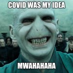 Voldemort | COVID WAS MY IDEA; MWAHAHAHA | image tagged in savage harry potter joke,voldemort,coronavirus | made w/ Imgflip meme maker