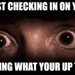JUST CHECKING IN ON YOU; SEEING WHAT YOUR UP TOO | image tagged in eyes | made w/ Imgflip meme maker