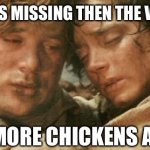 frodo and sam after destroying the ring | ROOSTER GOES MISSING THEN THE VERY NEXT DAY; THREE MORE CHICKENS ARE LOST | image tagged in frodo and sam after destroying the ring | made w/ Imgflip meme maker