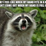 Surpised raccoon | WHAT I FEEL LIKE WHEN MY HAND FITS IN A BOX BUT DOESN'T COME OUT WHEN MY HAND IS FULL OF CANDY | image tagged in surpised raccoon | made w/ Imgflip meme maker