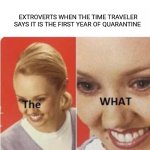 I'm back!!!! | EXTROVERTS WHEN THE TIME TRAVELER SAYS IT IS THE FIRST YEAR OF QUARANTINE | image tagged in the what | made w/ Imgflip meme maker