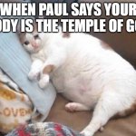 Fat Cat Crying | WHEN PAUL SAYS YOUR BODY IS THE TEMPLE OF GOD | image tagged in fat cat crying,religion,christianity,paul,god | made w/ Imgflip meme maker
