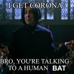 Snape shrugs at Corona | I GET CORONA? BRO, YOU'RE TALKING TO A HUMAN; BAT | image tagged in harry potter meme,corona,snape,shrug,lol | made w/ Imgflip meme maker