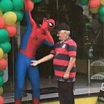 Old man touching Spiderman
